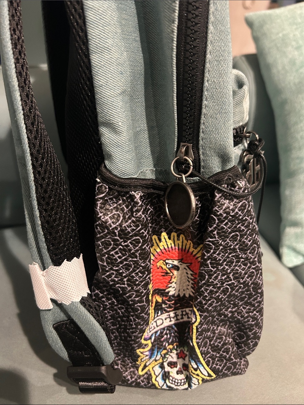 Ed Hardy Teal Graphic Eagle Backpack with Maroon Logo - Picture 4 of 8